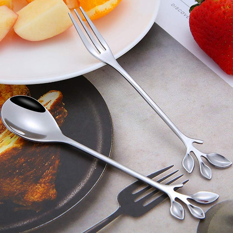 AnSaw 10-Pc Silver Mini Spoons & Forks Set, 4.7" - Stainless Steel, Leaf Handle, Ideal for Coffee,Tea, Appetizers, Tastings, Parties, Charcuterie & Cocktails - Image 3
